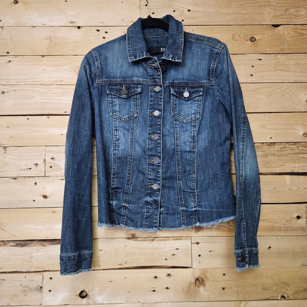 KUT from the Kloth Womens XS Blue Denim Jacket Raw Hem Frayed Button Front Slim